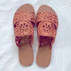 !! NEW !! Woven Raffia Slide Sandals in Deep Coral